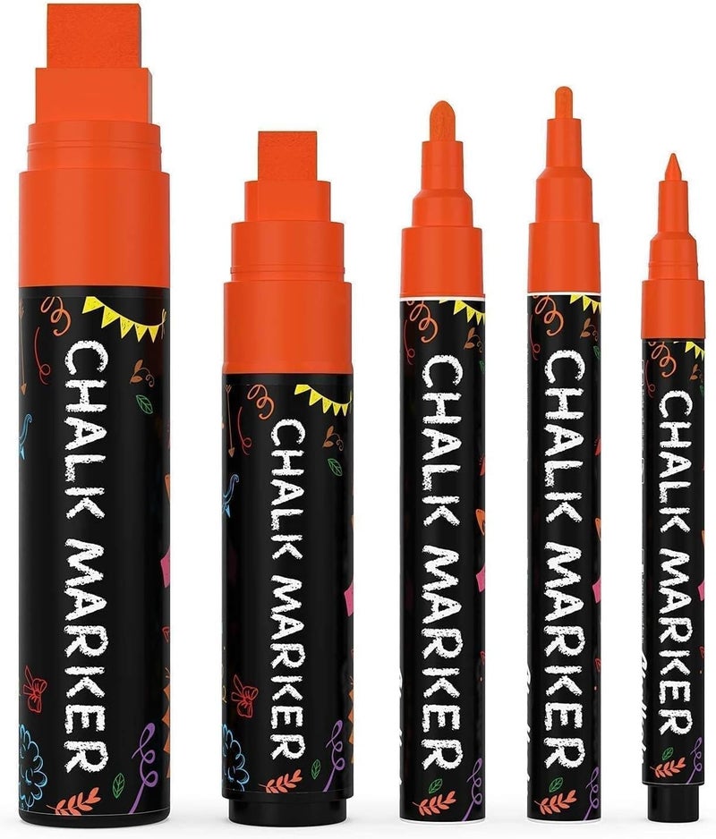 Chalkola 5 Orange Chalkboard Chalk Markers - Orange Dry Erase Markers for Blackboard, Chalkboard Signs, Windows, Glass | Variety Pack - Fine & Jumbo Size Ink Pen (1mm, 3mm, 6mm, 10mm, 15mm) - Image 1